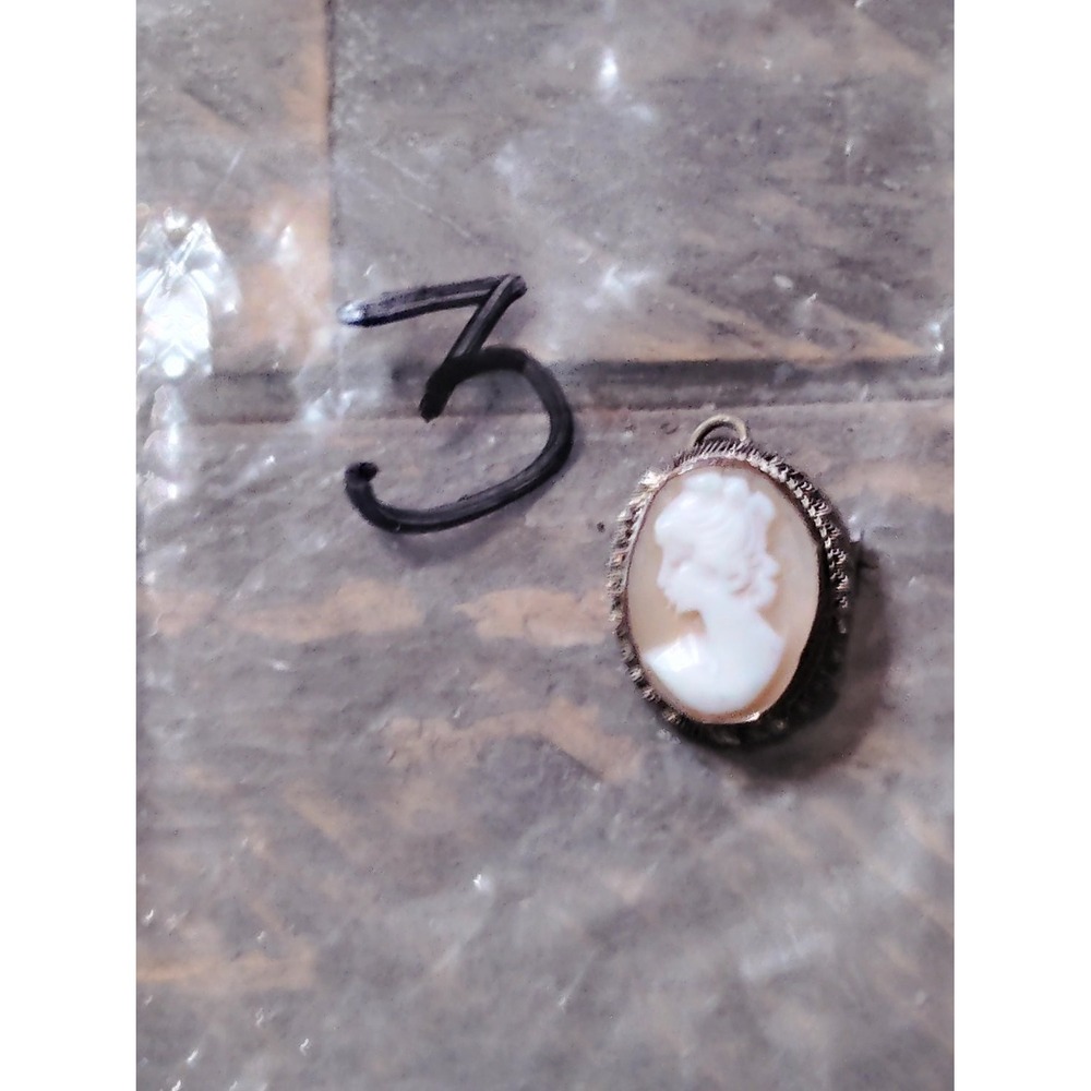 Vintage Carved Cameo Brooch Pin Pendant 800 Filigree Frame Peach White Shell
